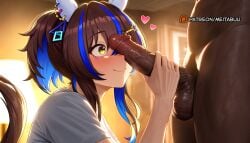 1boy ai_generated animal_ears blue_hair blush breasts brown_hair censored closed_mouth clothed_female_nude_male daitaku_helios_(umamusume) ear_covers erection female hair_between_eyes hair_ornament hairclip heart horse_ears horse_girl horse_tail interracial large_breasts large_penis long_hair meitabuu multicolored_hair nude penis penis_awe penis_on_face penis_over_eyes shirt smile solo_focus straight streaked_hair testicles umamusume veins veiny_penis yellow_eyes