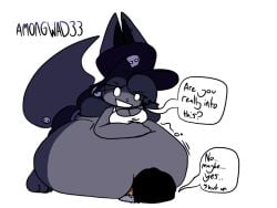 belly big_belly earrings english_text hat looking_at_another pinned_down rebecca_(whaatzit) speech_bubble tail under_the_belly whaatzit white_background white_eyes