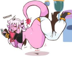 android_21 android_21_(evil) arbrianarchy dragon_ball dragon_ball_fighterz drinking english_dialogue english_text humanoid nails_painted pink-skinned_female pregnant pregnant_female stuffed_belly super_belly