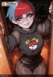 ai_generated deviantart_username dollmaker dollmaker_(artist) female fishnet_legwear fishnets freckles glasses hood hood_down hoodie looking_at_viewer multicolored_hair patreon_logo patreon_username penny_(pokemon) pokemon pokemon_sv red_hair selfie short_hair smile solo tagme two-tone_hair watermark web_address wooden_floor