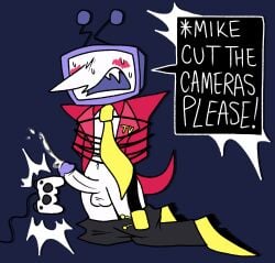 1boy balls belt blush blush_lines bodily_fluids bottomwear bottomwear_down bound clothed clothing controller cum cumshot deltarune deltarune_chapter_3 ejaculation electronics fangs footwear for_a_head genital_fluids genitals hands_behind_back high_heels humanoid kneeling male male_only motion_lines necktie object_head open_belt pants pants_down partially_clothed penile penis screen screen_face screen_head sex_toy shoes solo speech_bubble suit sweat sweating_profusely teeth television tenna_(deltarune) text tv_head undertale_(series) vibrating_controller vibrator vibrator_on_penis wickedwhiskerz