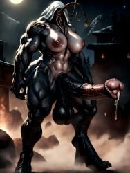 ai_generated alien_humanoid black_skin digitgrade equine_penis flared_penis futanari headdress horse_penis horsecock horsecock_futa huge_breasts huge_cock intersex large_areolae lure_(anatomy) monster_girl muscular_futa nightmare_waifu no_eyes sagging_balls scales solo two_tone_body veiny_balls veiny_breasts veiny_muscles veiny_penis