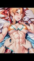 abs ai_generated belly_rub feeling_up foreplay heavy_petting midriff muscular_female navel orgasm sword_art_online tagme touching_stomach video wink worship yuuki_asuna
