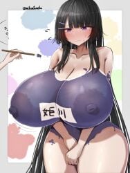 1girls areolae artist_name bangs big_breasts black_hair blunt_bangs blush blush breasts breasts_bigger_than_head busty completely_nude completely_nude_female covering_crotch curvaceous curvy curvy_female curvy_figure embarrassed embarrassed_nude_female eyebrows_visible_through_hair female female_focus gigantic_breasts hairclip heart-shaped_mole himekawa-san_(metae) huge_breasts huge_thighs large_areolae large_breasts light-skinned_female light_skin long_hair massive_breasts metae mole mole_under_eye nipples nude nude_female original original_character painted_clothes purple_eyes slim_waist standing sweatdrop thick_thighs thighs thin_waist top_heavy top_heavy_breasts v_arms veiny_breasts very_long_hair voluptuous voluptuous_female watermark wide_hips