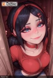 ai_generated artist_name black_hair blue_eyes blush breasts choker dollmaker dollmaker_(artist) female hair_ornament hairband hairclip in_box in_container lips medium_breasts patreon_logo patreon_username red_hairband shirt short_hair sitting smile solo tagme under_the_table watermark web_address