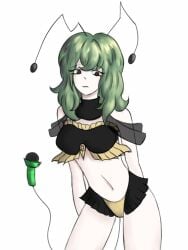 adapted_costume alternate_hair_length antennae arms_behind_back bikini breasts dandy's_world female frills green_eyes green_hair medium_breasts microphone navel smetshk solo swimsuit transparent_background underwear vee_(dandy's_world)