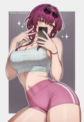 1girls big_breasts female mirror_selfie shorts solo solo_female