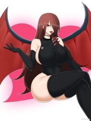 1girls asymmetrical_hair big_breasts choker demon_girl demon_wings dragon_wings female gloves hair_drill heart_background simple_background skin_tight_outfit solo solo_female thick_thighs white_background
