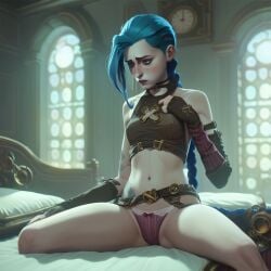 ai_generated arcane arcane:_league_of_legends arcane_jinx female female_only jinx_(arcane) jinx_(league_of_legends) lace-trimmed_panties lace_panties league_of_legends legs panties pink_panties shy