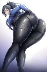 :o ass_focus bent_over from_behind hand_on_ass huge_ass large_breasts looking_at_viewer looking_back new_eridu_public_security poni_(poni_arknights) trefoil zenless_zone_zero zhu_yuan