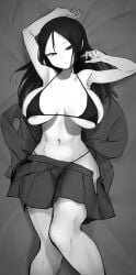 armpits bikini bikini_under_clothes breasts clothes_removed covered_nipples female girls_und_panzer large_breasts looking_at_viewer monochrome navel nonna on_back solo toku_(yhpv8752)