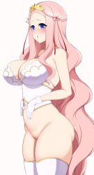 1girls :o blue_eyes blush bottomless breasts cleavage cleft_of_venus dantes_ward female gloves hair_ribbon highres jewelry kuroinu_~kedakaki_seijo_wa_hakudaku_ni_somaru~ large_breasts long_hair navel open_mouth pink_hair prim_fiorire pussy revealing_clothes ribbon simple_background solo thighhighs very_long_hair white_background