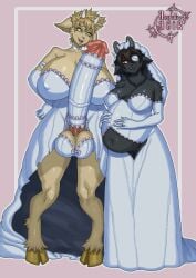absurd_res anthro arm_tuft ball_bra balls bathory_black_(therealnarrowjungle) belly big_balls big_belly big_breasts big_penis black_body black_fur black_hair bovid bow_ribbon breasts caprine cheek_tuft clothed clothing cock_sock cock_warmer collar digit_ring dress duo eye_patch eyelashes eyewear facial_tuft female female/female fluffy_ears footwear frilly frilly_clothing fur futanari genitals glistening glistening_belly glistening_breasts gloves goat gynomorph hair hand_on_belly hand_on_hip hand_on_own_belly hand_on_own_hip handwear hanna_(wendigoinabox) hi_res hooves horn huge_breasts huge_cock hyper hyper_breasts hyper_genitalia hyper_penis ineffective_clothing intersex jewelry looking_at_another looking_at_partner mammal mouth_closed navel neck_tuft nipple_outline nipples_through_clothes norfidianoir open_clothing open_dress open_mouth penis penis_clothing pregnant pregnant_anthro pregnant_female red_eyes ring rocky_mountain_goat sharp_teeth short_hair short_horn shoulder_tuft signature simple_background small_horn socks tan_body tan_fur teeth thick_thighs tongue tuft wedding_dress wedding_ring wedding_veil white_clothing white_gloves white_handwear wife_and_wife yellow_eyes