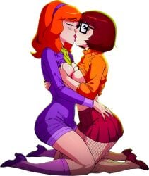 ai_generated breasts breasts_out daphne_blake dress erect_nipples fishnets glasses lesbian_couple lesbian_kiss miniskirt no_bra scooby-doo velma_dinkley