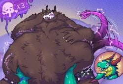 ambiguous_gender anthro belly_rub blush bone demoncyborg digestion duo first_person_view flustered hi_res looking_at_viewer monster musclegut muscular nowe onomatopoeia oral_vore reptile rumbling_stomach scalie skull skull_head snake sound_effects tail tail_motion tailwag text vore weight_gain