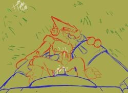 absurd_res anal ass ballistamon bandai_namco blush blush_lines bodily_fluids carrying_another carrying_partner clawz cum cum_in_ass cum_inside cum_on_body cum_on_butt cum_on_chest digimon digimon_(species) digimon_xros_wars dragon duo ejaculation electronics finger_in_mouth first_person_view genital_fluids genitals grass hand_holding headphones heibanhikaru hi_res looking_at_another looking_at_viewer looking_pleasured lying machine male male/male mythological_creature mythological_scalie mythology on_front penis plant robot scalie shoutmon technology tongue tongue_out unfinished