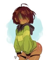 1boy artist_logo ass black_hoodie bottomless brown_hair deltarune green_sweater hair_over_eyes hi_res hidden_eyes hoodie human kris_(deltarune) long_hair male male_focus male_human maroonmads_(artist) pulling_down_panties removing_clothing removing_underwear solo solo_focus solo_male stripping sweater tagme topwear topwear_only two_tone_clothing two_tone_sweater undertale_(series) undressing undressing_self yellow_sweater