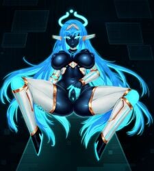 aqua_hair barbariank black_skin blue_hair blue_halo blue_pussy breasts breasts_apart choker colored_inner_hair colored_pussy colored_skin commentary english_commentary female halo highres large_breasts long_hair looking_at_viewer making-of_available multicolored_hair navel nipples original presenting_pussy robot_ears robot_girl smile solo spread_legs spread_pussy spreading_own_pussy tiara two-tone_hair uncensored very_long_hair white_choker