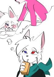 anal anthro biped blush canid canine canis duo fur heterochromia hi_res kunfen male male/male mammal paw_(kunfen) pink_body pink_fur thinking_about_another white_body white_fur wolf