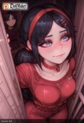 ai_generated arms_behind_back artist_name bangs black_hair blue_eyes blush breasts choker collarbone dollmaker dollmaker_(artist) female hair_ornament hairband hairclip heart-shaped_pupils in_box long_hair nose_blush patreon_username red_hairband restrained short_hair smile swept_bangs tagme watermark