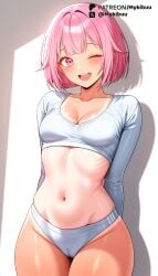 ;d ai_generated arms_behind_back blunt_bangs blush bob_cut breasts cameltoe cleavage collarbone cowboy_shot crop_top cropped_shirt female groin linea_alba long_hair long_sleeves looking_at_viewer medium_breasts midriff multiple_girls mykibuu navel one-piece_tan one_eye_closed ootori_emu open_mouth panties pink_eyes pink_hair project_sekai ribs shadow shiny_skin shirt short_hair skindentation small_breasts smile solo standing stomach tan tanlines teeth thighs underwear upper_teeth_only white_background white_panties white_shirt wide_hips
