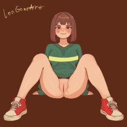 artist_name bottomless brat brown_hair chara chara_(undertale) short_hair smirk spread_legs undertale
