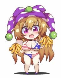 1girls american_flag_bikini american_flag_panties animated bikini black_burakku blonde_hair bouncing_breasts breasts cheerleader chibi chibi_style cleavage clownpiece huge_breasts jester_hat long_hair loop navel panties pink_eyes pom_pom_(cheerleading) pom_poms shoes solo solo_female thick_thighs thighs touhou very_long_hair