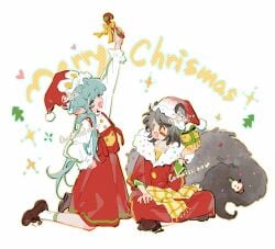 2girls animal blush fur-trimmed gift hat highres holding indian low multiple_girls non-web_source own pointy pom raccoon red_hat red_skirt santa shirt skirt very