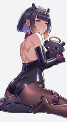 absurdres alternate_costume back blue_eyes blunt_bangs blush breasts commentary feet female gradient_hair highres hololive hololive_english looking_at_viewer mole mole_under_eye multicolored_hair ninomae_ina'nis no_shoes nuebunny orange_hair pointy_ears purple_hair short_hair sidelocks sitting sitting_on_head sitting_on_person small_breasts smile takodachi_(ninomae_ina'nis) tentacle_hair toes virtual_youtuber