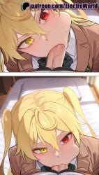 1girls 2025 2girls :>= ai_generated artist_name blonde_hair blowjob blowjob_face blush brown_jacket cheek_bulge cock deepthroat desk dick electroworld eyebrows_visible_through_hair fellatio female green_bow green_necktie green_neckwear green_ribbons hair_between_eyes heterochromia hi_res high_quality high_resolution highres irrumatio jacket licking long_hair maou_2099 mole_under_eye multiple_fellatio multiple_girls oral oral_sex patreon patreon_username penis pleated_skirt pov red_eyes school_uniform stable_diffusion straight sucking testicle_sucking under_the_table watermark yamada-reynard_hizuki yellow_eyes