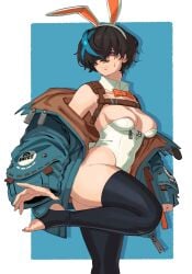 bunny_girl bunnysuit female guilty_gear_strive jacket nervous nervous_sweat short_hair small_breasts stirrup_legwear stirrup_socks thick_ass thick_thighs tomboy unika_(guilty_gear) void_dot_exe