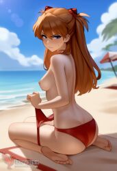 1girls 2d ai_generated areolae ass asuka_langley_sohryu back bare_shoulders beach big_ass bikini bikini_pull bikini_top blue_eyes day erophoenix female female_focus full_body long_hair looking_at_viewer neon_genesis_evangelion ocean orange_hair outdoors pale_skin pale_skinned_female patreon_username red_bikini sky small_breasts solo swimsuit thick thick_thighs uncensored