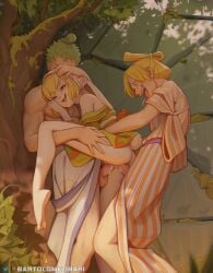 anal anal_creampie anal_penetration anal_sex bartolomeobari blonde_hair bunny_ears carrot_(one_piece) chonmage creampie double_penetration green_hair kimono mmf mmf_threesome one_piece partially_clothed pleasure_face roronoa_zoro sanji sanji_(one_piece) tail threesome