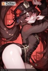ai_generated ass blush dollmaker dollmaker_(artist) female flower hat hu_tao_(genshin_impact) long_hair looking_at_viewer oda_nobunaga_(fate) oda_nobunaga_(koha/ace) patreon_logo patreon_username peaked_cap red_eyes smile solo sparkle tagme thighs very_long_hair watermark web_address