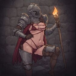 ai_generated bikini_armor cape dungeon fantasy female female_focus female_only helmet impractical_armor knight metal_armor solo standing teron_games torch
