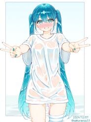 aqua_eyes aqua_hair aqua_nails artist_name asymmetrical_legwear blush border breasts collarbone commentary_request cowboy_shot dated double-parted_bangs double_v female fingernails grin hair_between_eyes hatsune_miku highres long_hair long_shirt looking_at_viewer medium_breasts motion_lines nail_polish naked_shirt navel nose_blush outside_border outstretched_arms oversized_clothes oversized_shirt sakura_yuu_(hzjy8485) see-through_clothes see-through_shirt sex_toy shirt short_sleeves sidelocks smile solo standing steam straight-on straight_hair striped_clothes striped_thighhighs sweat t-shirt thighhighs trembling twintails v very_long_hair vibrator vibrator_in_thighhighs vocaloid wet wet_clothes wet_shirt white_border white_shirt wide_sleeves
