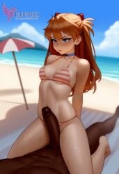 1girls 2d ai_generated areolae ass asuka_langley_sohryu back bare_shoulders beach big_ass bikini bikini_pull bikini_top blue_eyes dark-skinned_male day erophoenix female female_focus full_body interracial large_penis long_hair looking_at_viewer neon_genesis_evangelion ocean orange_hair outdoors pale_skin pale_skinned_female patreon_username red_bikini sky small_breasts solo swimsuit thick thick_thighs uncensored