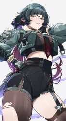 1girls absurdres black_hair black_shirt black_shorts blunt_bangs commentary crop_top cropped_jacket female garter_straps green_eyes green_jacket grey_background hair_intakes high-waist_shorts highres jacket jane_doe_(zenless_zone_zero) long_hair midriff necktie nuebunny open_clothes open_jacket purple_hair shirt short_shorts shorts simple_background solo thighs very_long_hair zenless_zone_zero
