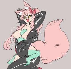 :3 animal_ear_fluff animal_ears anon arms_behind_head artist_request between_breasts bigger_female bodysuit bow clothed clothing_entrapment fate/grand_order fate_(series) fluffy_tail glasses grinding hairbow huge_breasts huge_tail humping koyanskaya_(fate) large_breasts long_hair oerba_yun_fang pink_hair sharing_clothes sharing_clothing size_difference smaller_male smaller_male_larger_female smile sweat tail taller_girl tied_hair yellow_eyes
