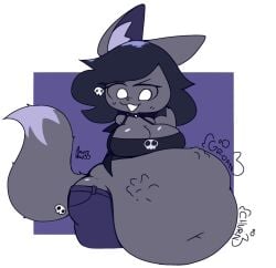 anthro belly bra digestion female jeans looking_at_belly raccoon rebecca_(whaatzit) skull_hair_ornament stomach_noises tail vore vore_belly whaatzit white_eyes
