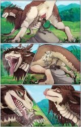acidic anthro anthro_on_feral bodily_fluids brown_body brown_mane brown_scales cid_(acidic) closed_eyes cum cumshot day domestic_cat dragon drooling duo ejaculation erection felid feline felis female feral genital_fluids genitals grass green_eyes head_tuft hi_res humanoid_genitalia humanoid_penis licking licking_lips licking_own_lips looking_pleasured male male/female mammal mane markings mythological_creature mythological_scalie mythology narrowed_eyes nude open_mouth oral outside penile penis penis_lick plant rock saliva scales scalie sex shrub size_difference striped_legs striped_markings striped_tail stripes tail tail_markings tongue tongue_out tuft unbirthing vaginal_penetration vore white_body white_scales zoophilia