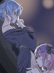 2girls absurdres ayeon black_bow black_kimono blue_eyes blue_hair blush bow fellatio from_side futa_with_female futanari hairbow highres hololive hoshimachi_suisei japanese_clothes kimono long_hair looking_at_another looking_down multiple_girls oral penis pink_hair protected_link purple_hair saliva saliva_trail short_hair small_penis tokoyami_towa uncensored virtual_youtuber