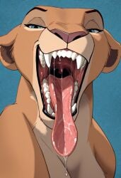 ai_generated black_lips blue_eyes disney drool fangs feline female feral_only maw_shot mawshot nala nala_(the_lion_king) open_maw open_mouth saliva sharp_teeth teeth tongue_out