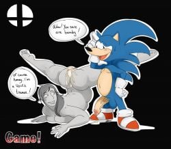 1boy 1girls balls blue_fur casual creampie cum cum_in_pussy cum_inside english_text exposed_torso female footwear furry grey_hair grey_skin grin handwear human interspecies large_breasts male nelsonnoir open_mouth pale_skin penis pussy sonic_(series) sonic_the_hedgehog super_smash_bros. text veiny_penis white_gloves wii_fit wii_fit_trainer wii_fit_trainer_(female)