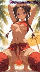 1girls 2025 ai_generated armpits arms_behind_head arms_up avatar_the_last_airbender bangs barefoot beach_umbrella blue_eyes blush braid breasts brown_hair closed_mouth clothes_lift collarbone dark-skinned_female dark_skin double_bun feet hi_res highres katara long_hair looking_at_viewer medium_breasts natsuyoru navel nickelodeon nipples outdoors palm_tree patreon pussy shirt shirt_lift skirt smile solo squatting stomach sweat tan toes twin_braids umbrella vagina voluptuous voluptuous_female