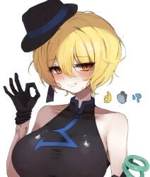 1girls bare_shoulders black_gloves blonde_hair blush breasts chinese_clothes cum_in_glove don_quixote_(limbus_company) earring emoji eyebrows_visible_through_hair female female_only gloves hair_between_eyes hat headwear large_breasts limbus_company project_moon qipao short_hair sleeveless smile solo sweat tilted_headwear yellow_eyes