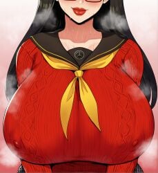 ai_generated amagi_yukiko big_breasts big_breasts black_hair eroeroai huge_breasts huge_breasts long_hair neoeroeroai nipples_visible_through_clothing persona persona_4 red_glasses red_lipstick red_sweater school_uniform solo solo_female solo_focus yellow_scarf yukiko_amagi