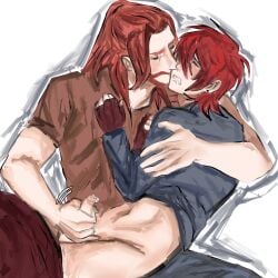 dad_kissing_son dad_stroking_son dubious_consent ear_stud facial_hair father_and_son fingerless_gloves gay gay_handjob gay_incest gay_kissing handjob incest julian_(mobile_legends) julian_mobile_legends kissing_cheek long_hair male male_only masturbating_other mobile_legends molestation pants_down pierced_ear precum_bubble red_hair terizla_(mobile_legends)