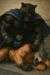2boys animal_mask black_panther cape dominant_male male panther underwear wolf wrestling