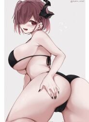 ass_focus bent_over bikini black_bikini black_nails cameltoe corrupted_twitter_file fang from_behind goddess_of_victory:_nikke hand_on_ass huge_ass large_breasts legs_apart looking_back nervous open_mouth sweatdrop ziz_(nikke)